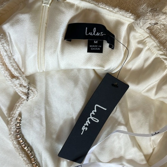 NWT Enviable Poise Cream Boucle Lurex Rhinestone Strap Mini Dress-M - Picture 5 of 5